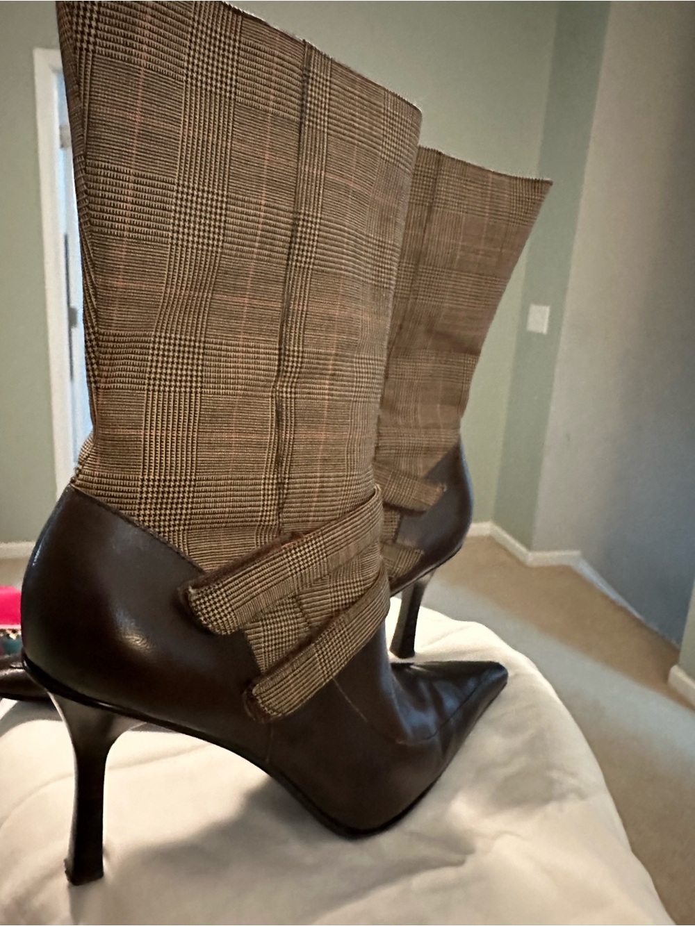 Nine West Brown Leather & Plaid Shaft Pointed Toe Ankle Boots